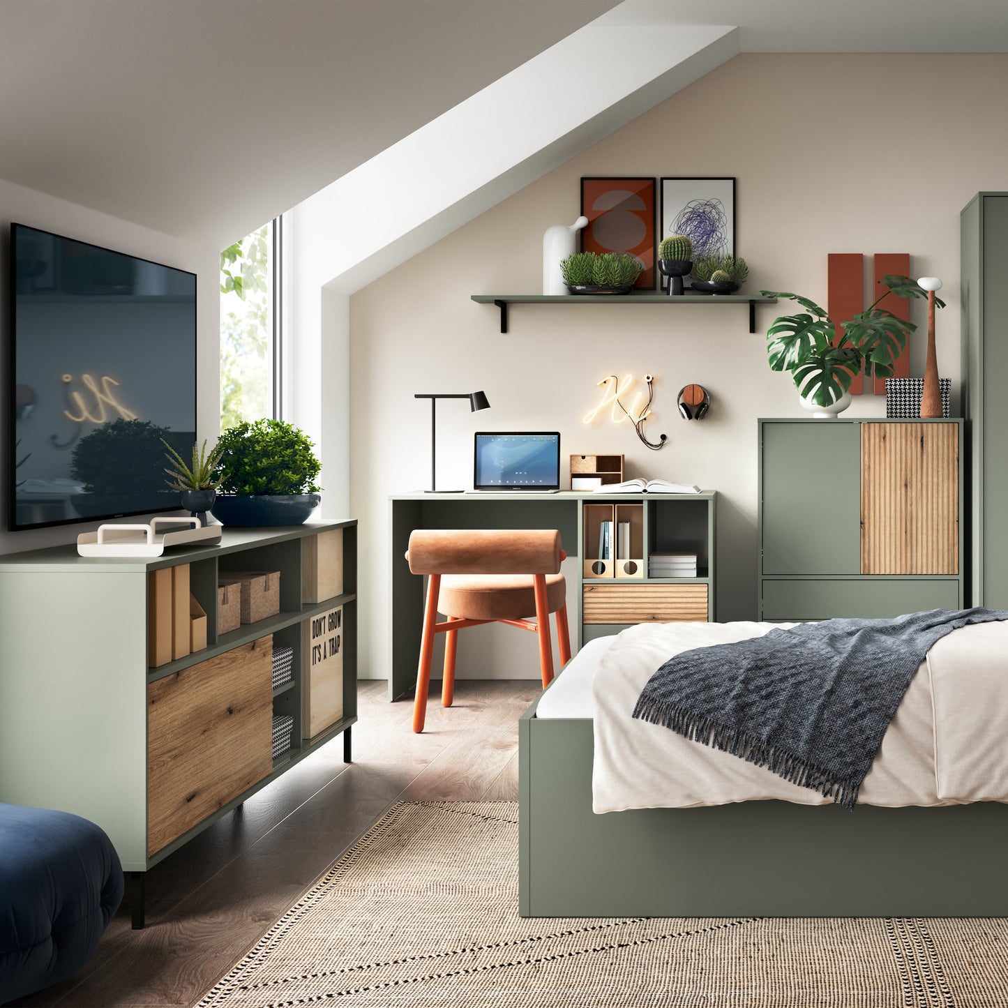 Darwin TV Cabinet 1 Door 73cm High Green/Oak - 4W61544 3