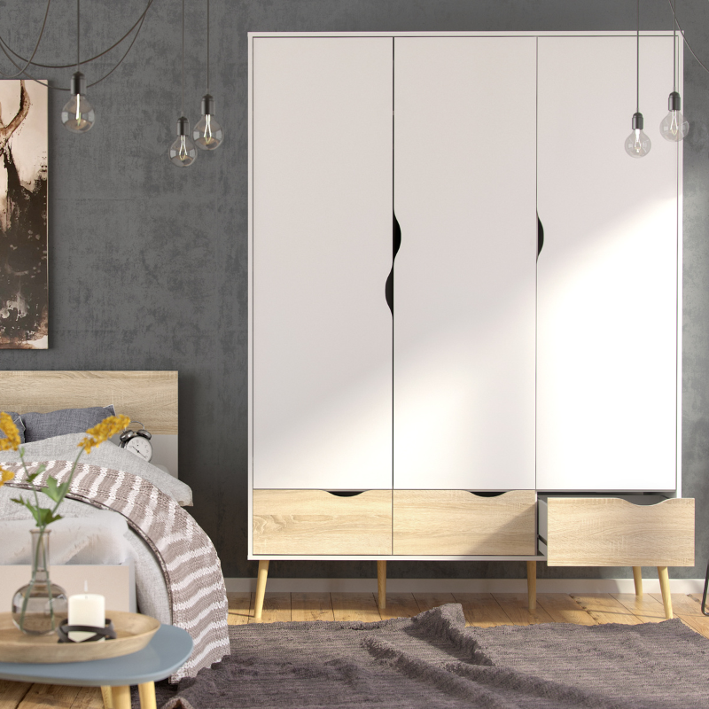 Oslo Package - Bedside 1 Drawer + Chest of 5 Drawers (2+3) + Wardrobe 3 Doors 3 Drawers in White and Oak - 70449akp2