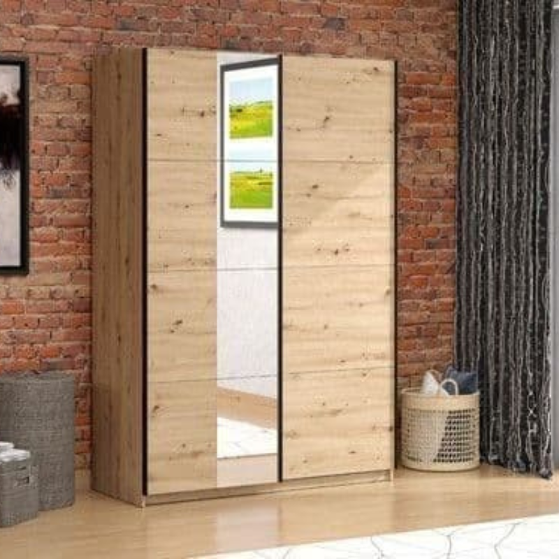 Ark Wardrobe Oak Effect Sliding With Mirror - 3408