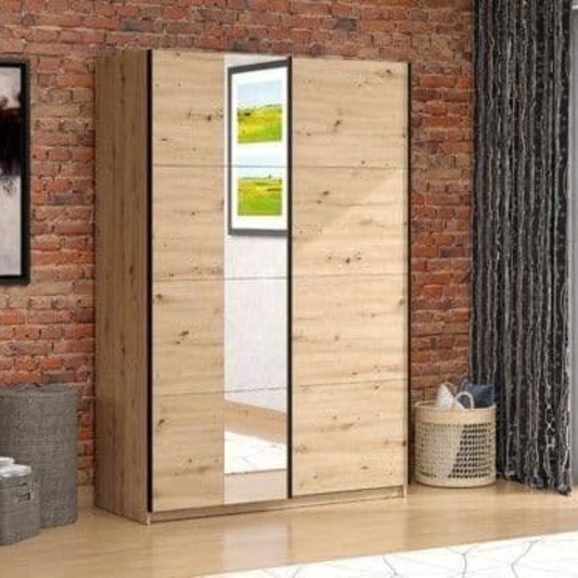Ark Wardrobe Oak Effect Sliding With Mirror - 3408
