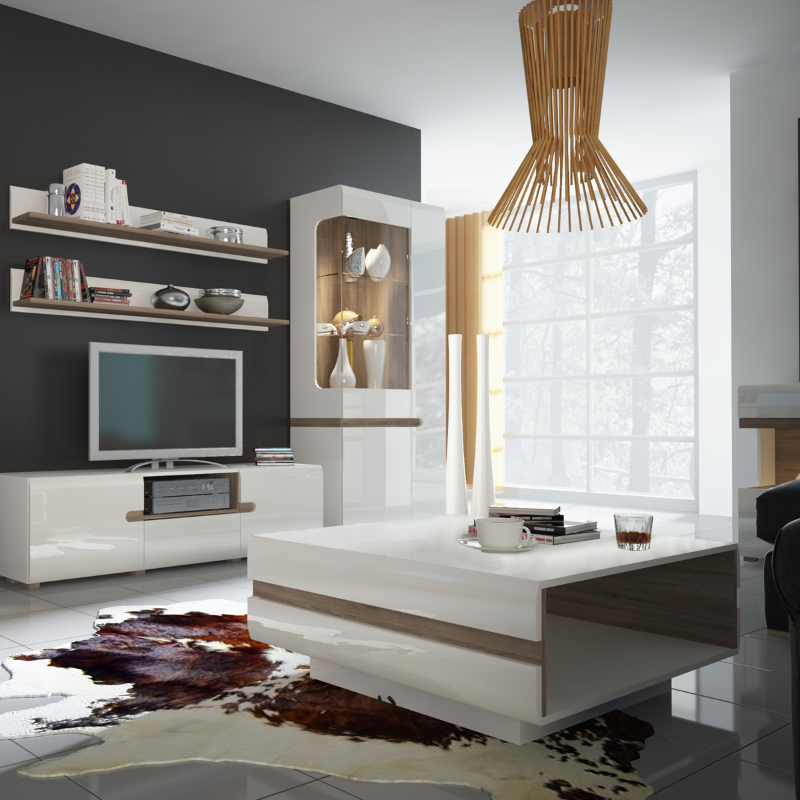 Chelsea Living Tall Glazed Narrow Display Unit (RHD) in White with a Truffle Oak Trim - 4020144p