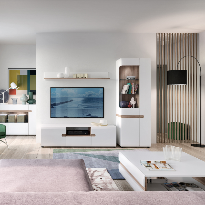 Chelsea Living Tall Glazed Narrow Display Unit (RHD) in White with a Truffle Oak Trim - 4020144p