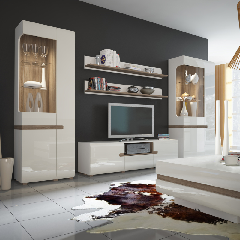 Chelsea Living Tall Glazed Narrow Display Unit (RHD) in White with a Truffle Oak Trim - 4020144p