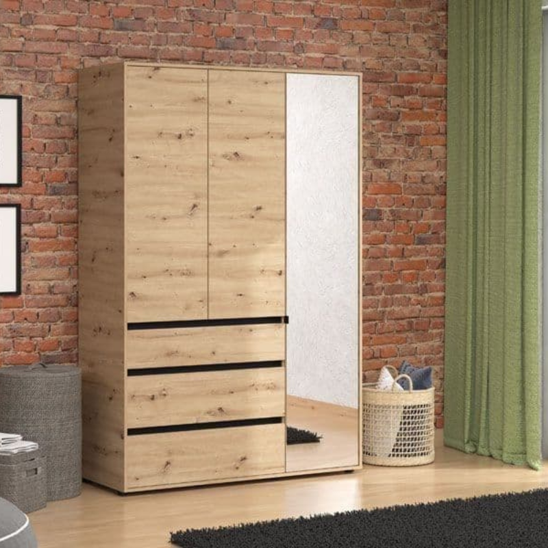Colham Wardrobe Artisan Oak Effect 3 Door 3 Drawer Mirrored - 3473