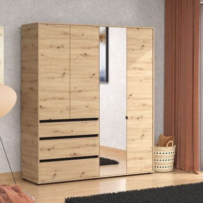 Colham Wardrobe Artisan Oak Effect 4 Door 3 Drawer Mirrored - 3471