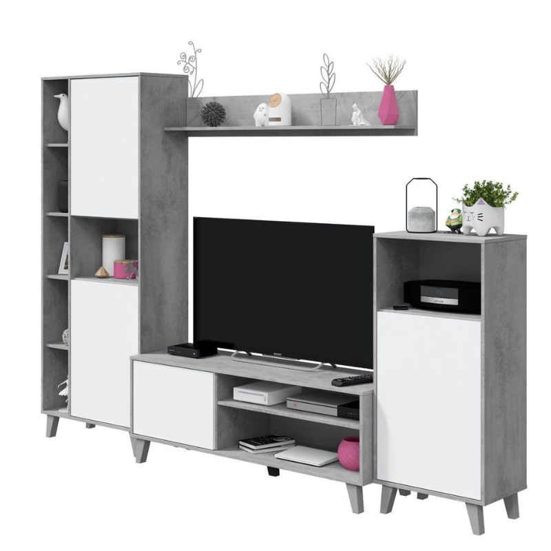 Ekeler TV Entertainment Wall Unit Cabinet White And Concrete Grey Effect Large - 3218