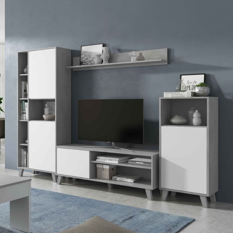 Ekeler TV Entertainment Wall Unit Cabinet White And Concrete Grey Effect Large - 3218