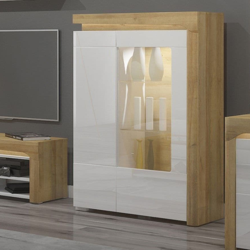 Granville Display Cabinet Oak Effect And White Gloss Low Wide with LED Lights - 3174