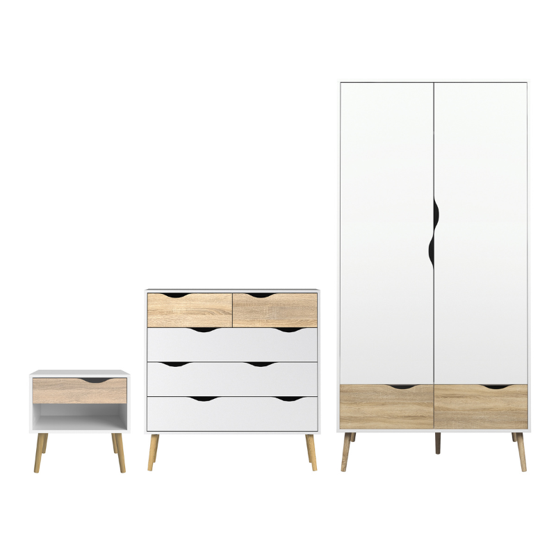 Oslo Package - Bedside 1 Drawer + Chest of 5 Drawers (2+3) + Wardrobe 2 Doors 2 Drawers in White and Oak - 70449akp1