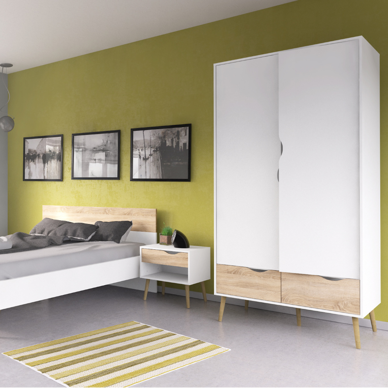 Oslo Package - Bedside 1 Drawer + Chest of 5 Drawers (2+3) + Wardrobe 2 Doors 2 Drawers in White and Oak - 70449akp1