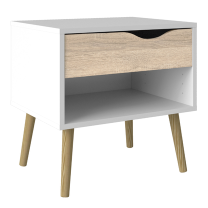 Oslo Package - Bedside 1 Drawer + Chest of 5 Drawers (2+3) + Wardrobe 2 Doors 2 Drawers in White and Oak - 70449akp1