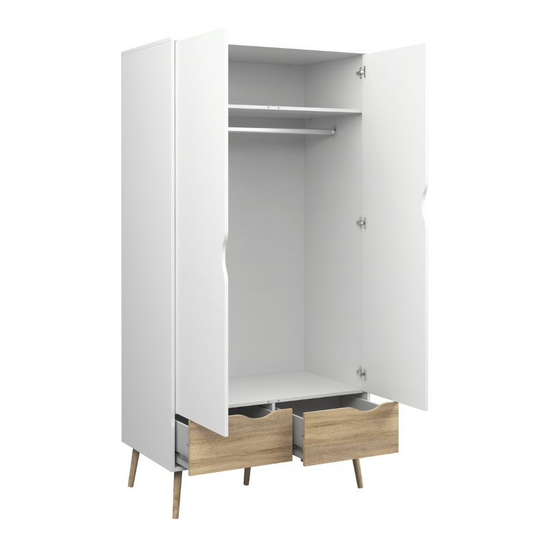 Oslo Package - Bedside 1 Drawer + Chest of 5 Drawers (2+3) + Wardrobe 2 Doors 2 Drawers in White and Oak - 70449akp1
