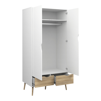 Oslo Package - Bedside 1 Drawer + Chest of 5 Drawers (2+3) + Wardrobe 2 Doors 2 Drawers in White and Oak - 70449akp1