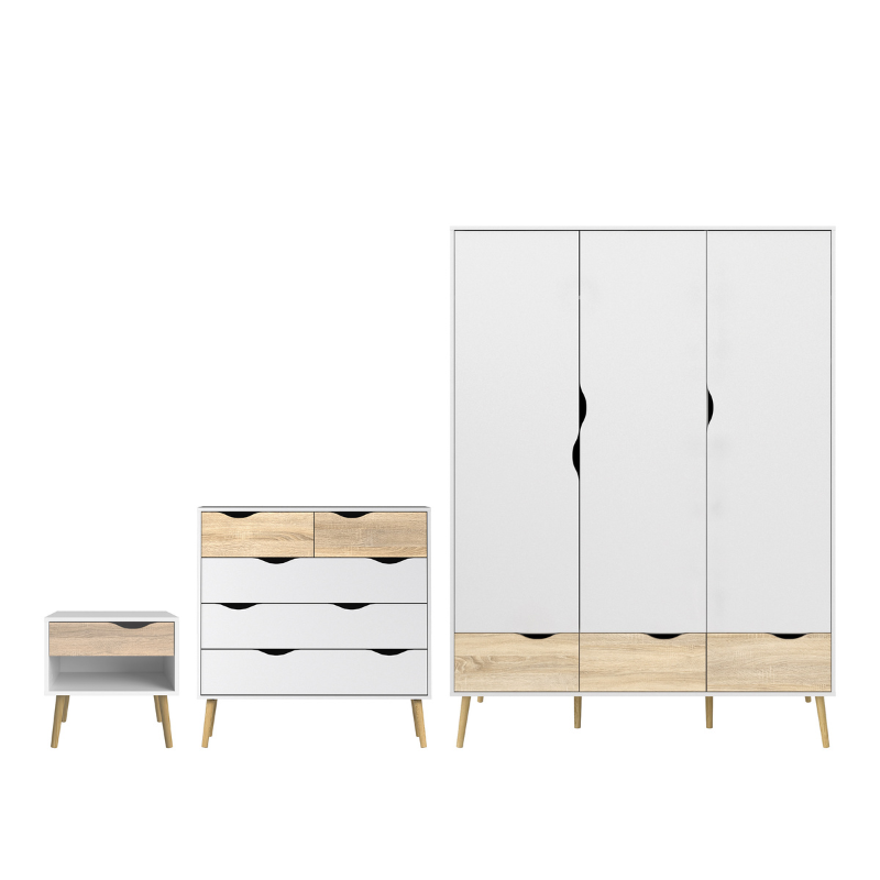 Oslo Package - Bedside 1 Drawer + Chest of 5 Drawers (2+3) + Wardrobe 3 Doors 3 Drawers in White and Oak - 70449akp2
