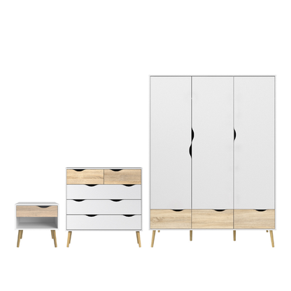 Oslo Package - Bedside 1 Drawer + Chest of 5 Drawers (2+3) + Wardrobe 3 Doors 3 Drawers in White and Oak - 70449akp2