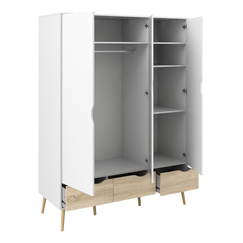 Oslo Package - Bedside 1 Drawer + Chest of 5 Drawers (2+3) + Wardrobe 3 Doors 3 Drawers in White and Oak - 70449akp2