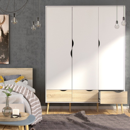 Oslo Package - Bedside 1 Drawer + Chest of 5 Drawers (2+3) + Wardrobe 3 Doors 3 Drawers in White and Oak - 70449akp2