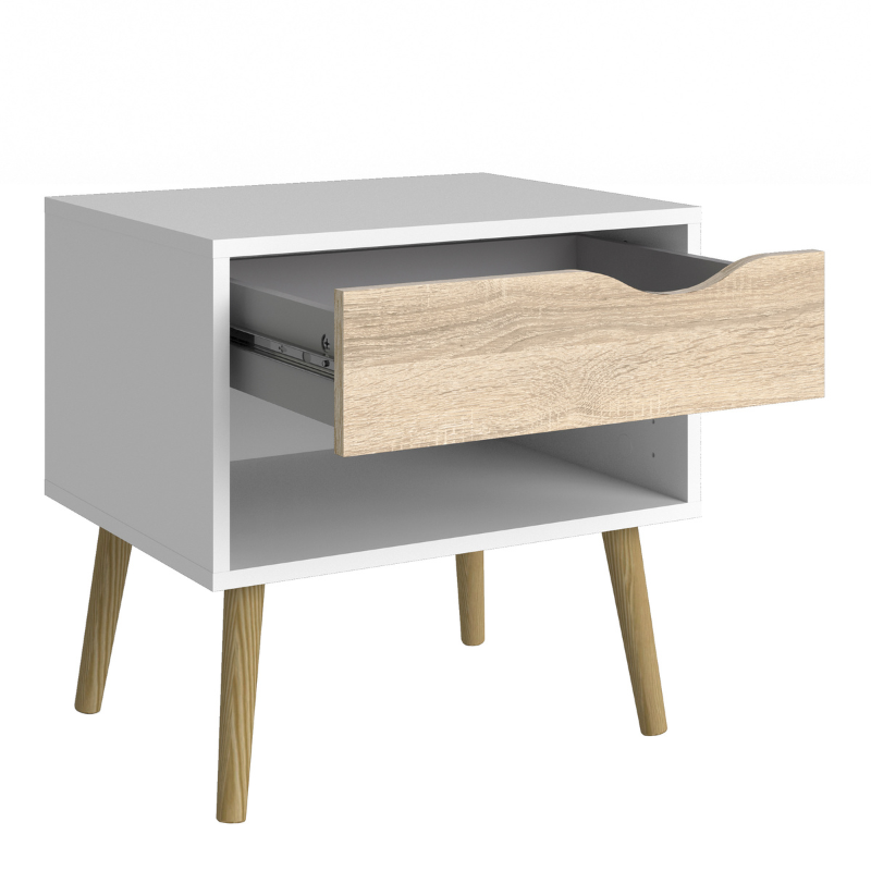 Oslo Package - Bedside 1 Drawer + Chest of 5 Drawers (2+3) + Wardrobe 3 Doors 3 Drawers in White and Oak - 70449akp2