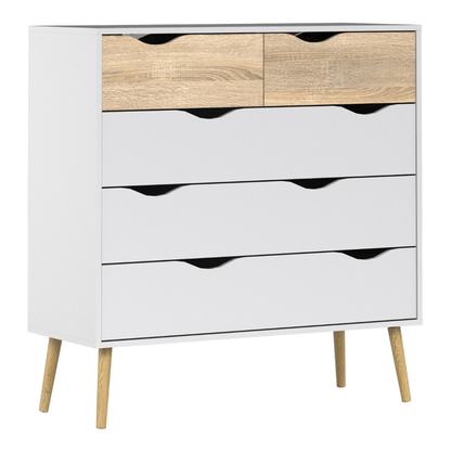 Oslo Package - Bedside 1 Drawer + Chest of 5 Drawers (2+3) + Wardrobe 3 Doors 3 Drawers in White and Oak - 70449akp2