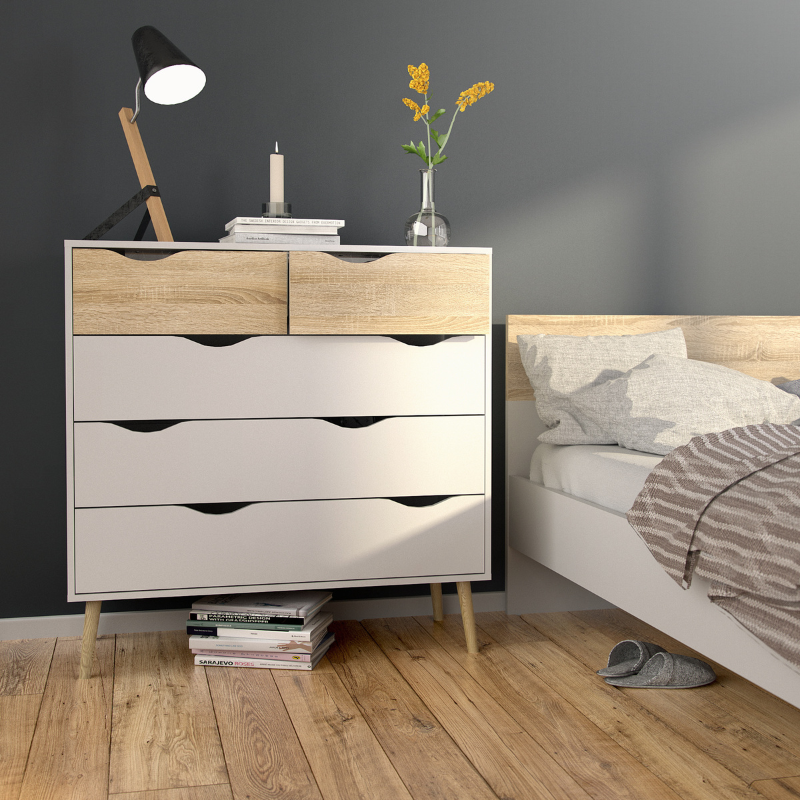 Oslo Package - Bedside 1 Drawer + Chest of 5 Drawers (2+3) + Wardrobe 3 Doors 3 Drawers in White and Oak - 70449akp2