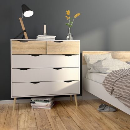 Oslo Package - Bedside 1 Drawer + Chest of 5 Drawers (2+3) + Wardrobe 3 Doors 3 Drawers in White and Oak - 70449akp2