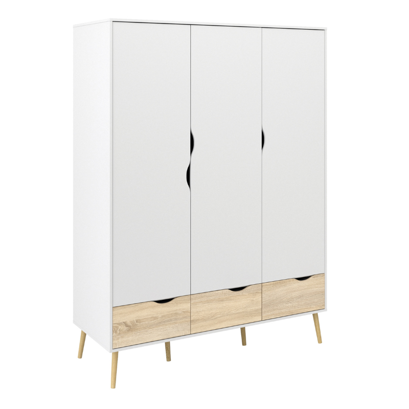 Oslo Package - Bedside 1 Drawer + Chest of 5 Drawers (2+3) + Wardrobe 3 Doors 3 Drawers in White and Oak - 70449akp2