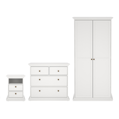 Paris Package - Bedside 2 Drawers + Chest of 4 Drawers + Wardrobe with 2 Doors White - 7014949p1