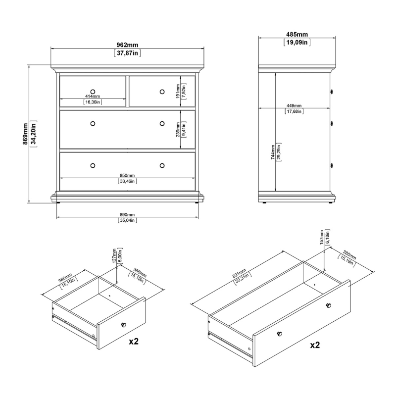 Paris Package - Bedside 2 Drawers + Chest of 4 Drawers + Wardrobe with 2 Doors White - 7014949p1