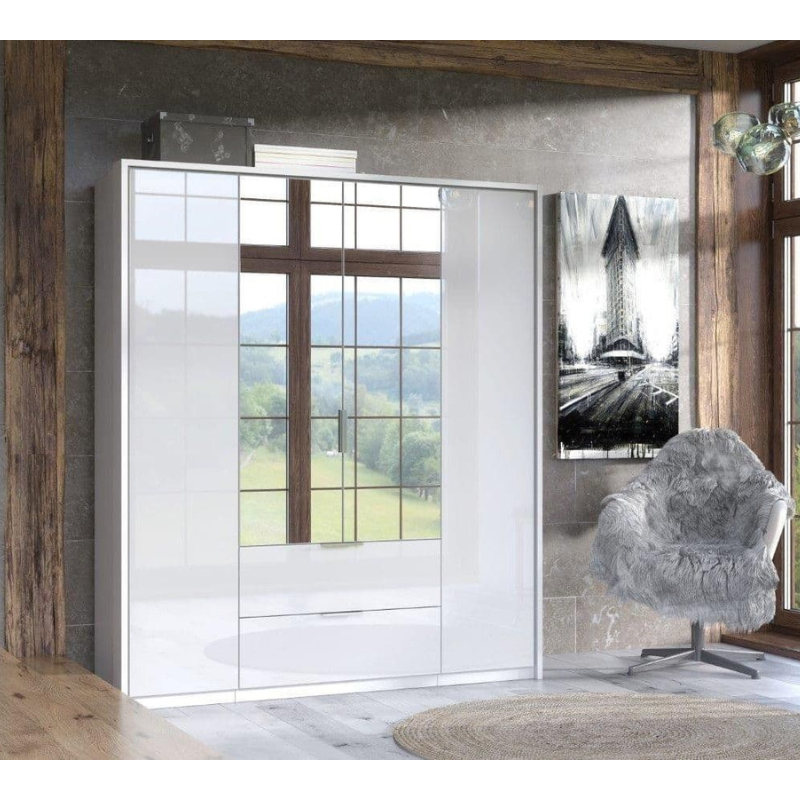 Raydon Wardrobe 4 Door 2 Drawer White High Gloss Mirrored - 3154