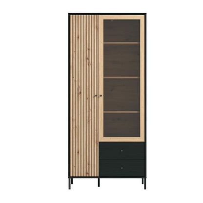 Russell Display Cabinet Slatted Artisan Oak Effect And Black 2 Door - 3436