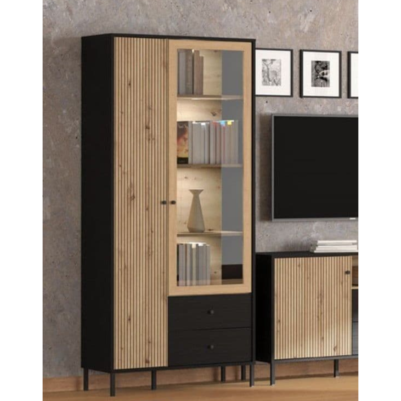 Russell Display Cabinet Slatted Artisan Oak Effect And Black 2 Door - 3436