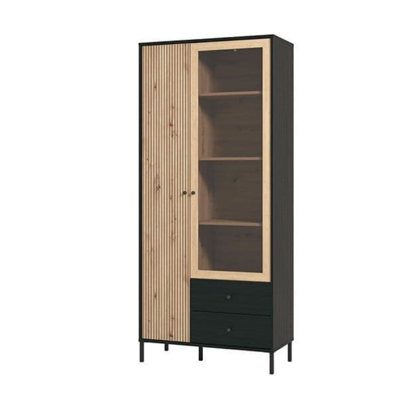 Russell Display Cabinet Slatted Artisan Oak Effect And Black 2 Door - 3436