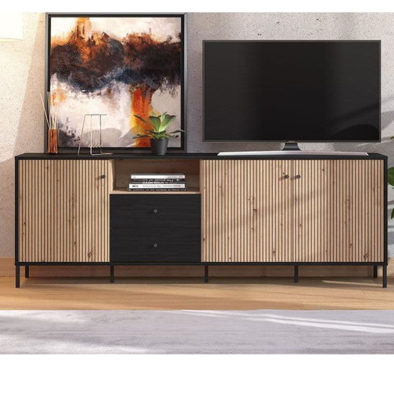 Russell TV Unit Slatted Artisan Oak Effect And Black - 3437